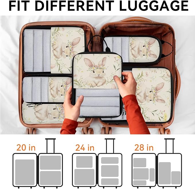 Easter Bunny 6 Set Compression Packing Cubes | Spring Floral Travel Accessories Expandable Packing Organizers Space Saver Bags for Organizing Clothes