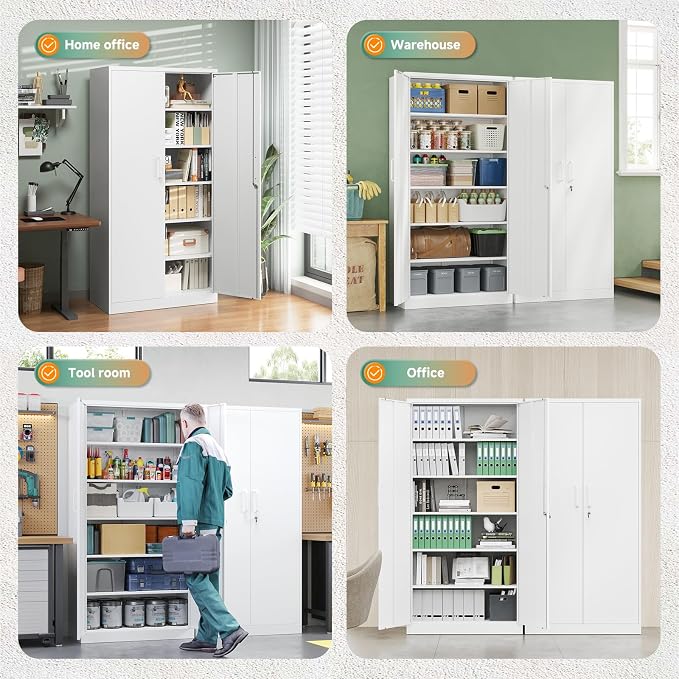 Metal Storage Cabinet with Lock Door Adjustable Shelf,72" Steel Lockers for Office, Home,School,Kitchen,Garage Tool Utility Cabinet (2 Door-White)