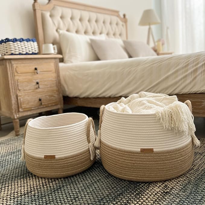 R RUNKA Small Basket for Stuffed Animal,Clothes ,Baby Blankets -11.8"x9.8"- Boho Baskets for Living Room,Bedroom,Nursery |Cotton Rope Baskets, Cube Basket, Under Shelf Basket | Baskets for Home Decor
