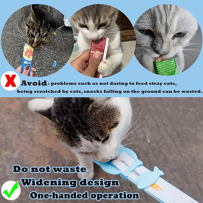 Cat Treat Spoon Squeeze & 3 Pcs Can Lids | Cat Treat Feeder for Liquid Snack | Universal Silicone Pet Can Covers BPA Free | Churu Spoon Dispenser(Blue)