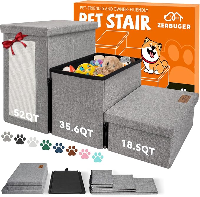 Zerbuger Dog Stairs with Storage, Grey Cat Scratcher 3 Steps Ramp no Condo | 18" H Wider Dog Steps for High Beds Couch, Folding Storage Pet Stairs Gift for Climbing Small/Medium/Large Old Dogs Cats