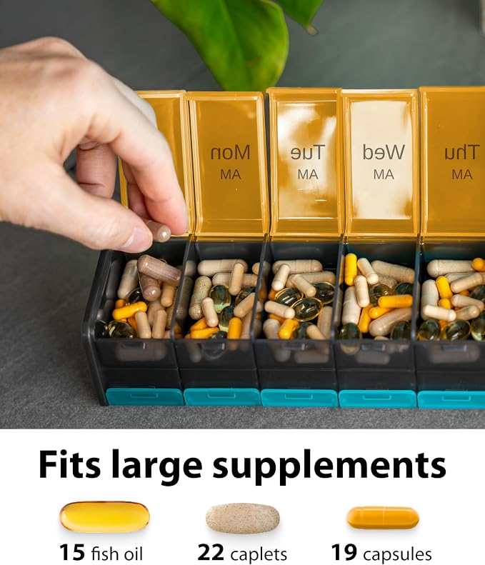 Extra Large Pill Organizer - XXL Vitamin Holder for Weekly Supplements - Double Sided Pill Box 7 Day with Big AM PM Compartments Huge Daily Medicine Dispenser 2 Times a Day Reliable and Easy-to-Use