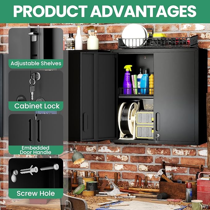 Garage Wall Cabinet,29.5" W Wall Mounted Garage Cabinets with Adjustable Shelf,Heavy Duty Lockable Metal Cabinet,Secure Hanging Tool Cabinet for Basement,Laundry Room,Basement,Workshop,Black