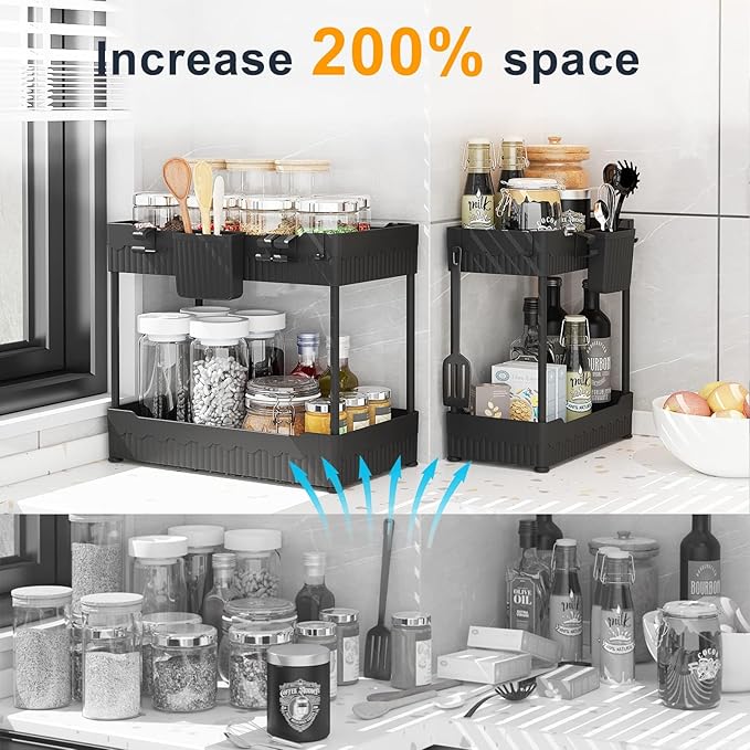 2-Pack Under Sink Organizer with Hooks & Hanging Cup for Kitchen | Multi-use kitchen & bathroom storage, 12.8 inch black cabinet organizer, with hooks and hanging cup for easy access.