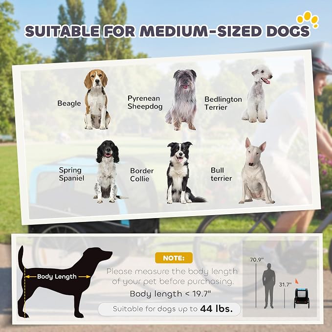 PawHut Dog Bike Trailer 20" Air Tires for Small Medium Breeds 44 lbs | Pet Cart Bicycle Carrier, Quick-Release Wheels, Reflectors, Flag, Dog Cart for Bicycle