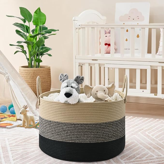 67L Large Woven Blanket Basket, Cotton Rope Baby Laundry Hamper with Handles, Kids Toy Basket for Classroom & Nursery, Soft Round Stuffed Animal Storage, Dog Toy Bin - 20"x13", Black & Brown
