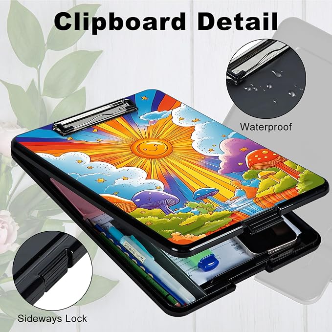Heavy Duty Storage Clipboard, Slim Nursing Clipboard with Internal Pen Case, Portable File Organizer Case for A4 Letter Size Paper Office Medical Professionals, Sun Clouds Creek