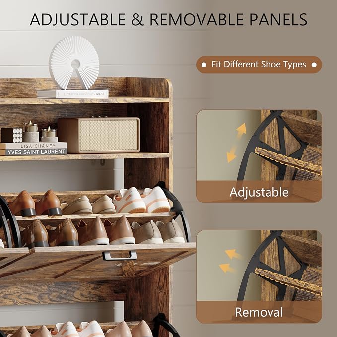 Xixini Shoe Storage Cabinet with 4 Flip Drawers, Entryway Shoe Rack, Brown | Freestanding Narrow Shoe Storage, Hidden Slim Wood Shoe Organizer, Modern Farmhouse, Open Storage & Hooks for Closet, Hallway
