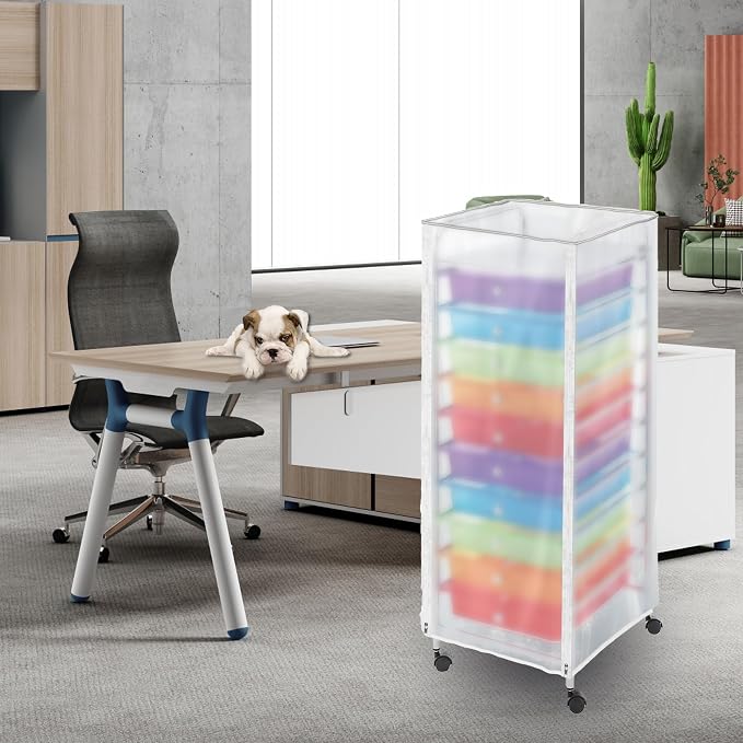 Utility Cart Cover Frosted PVC 10 Drawer Cart Cover with Zipper Access | Semi-transparent frosted PVC, roll-up panel, top buckle straps, dual zippers, inner fastening straps, dust protection