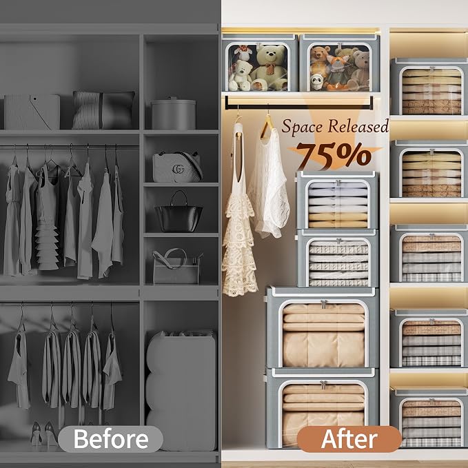 Yecaye Stackable Clothes Storage Bins with Lid, Grey, 40L, 6 Pack | Metal Frame, Foldable, Clear Window & Zippers & PU Leather Handles