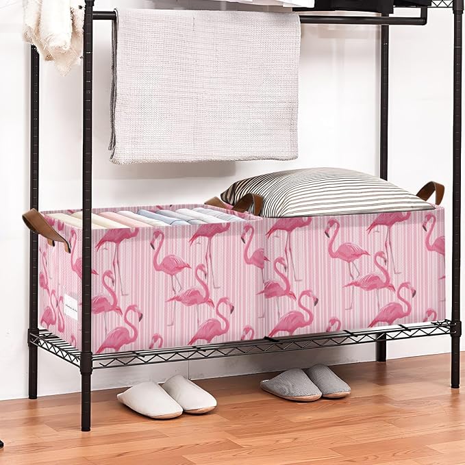 Pink Striped Bg Tropical Flamingo Storage Basket Foldable Cube Storage Bins with Handles&Label Waterproof Organizer Box Bin Large Rectangle Decorative Baskets for Shelves Home Room Laundry-2 Pack