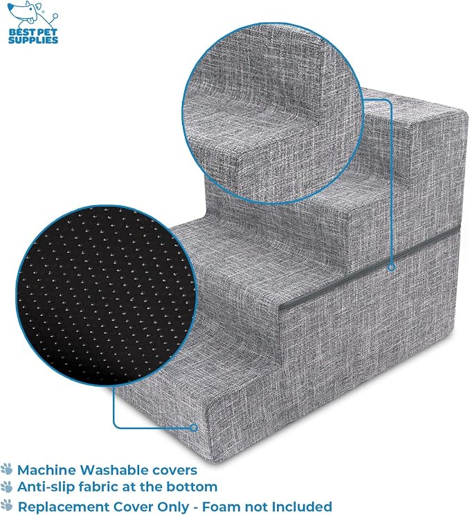 Best Pet Supplies Dog Stairs & Steps - Foam Steps for Small Dogs & Cats, Non-Slip Indoor Balanced Pet Step Support, Dog Ramp, No Assembly, Ash Gray Linen, Foldable 4-Step (22-inch Height)