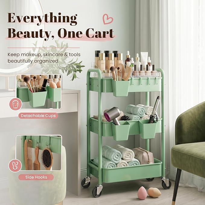 3 Tier Rolling Storage Cart Metal with Wheels, Green Baby Diaper Caddy Carts, Three Tiered Craft Cart Organizer on Wheels, Utility Roller Trolley for Art, Book, Snack, Office, Laundry, Bathroom Shelf
