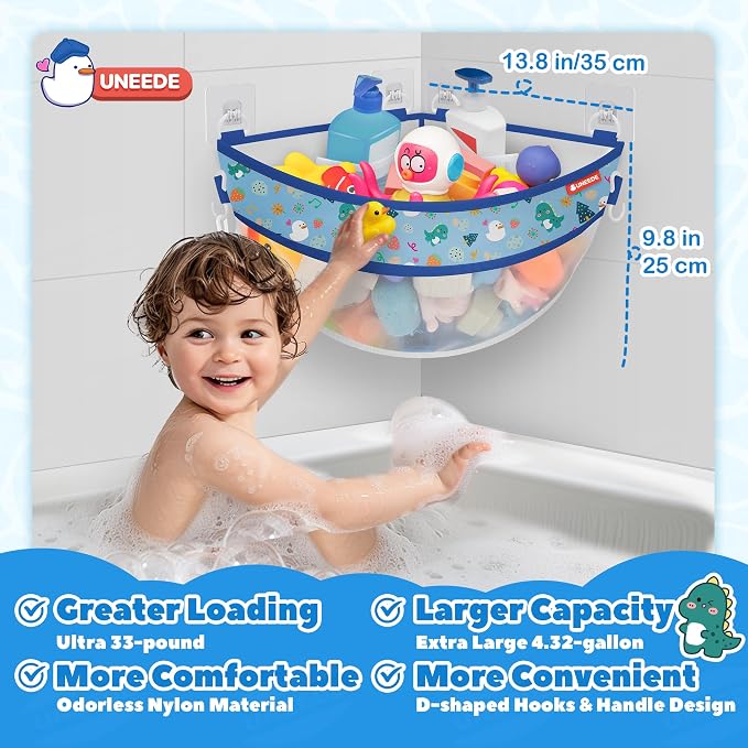 UNEEDE 4.32 Gallons Dinosaur Print Corner Bath Toy Storage | Blue Mesh Shower Caddy with Quick Drain & Bottom Zipper
