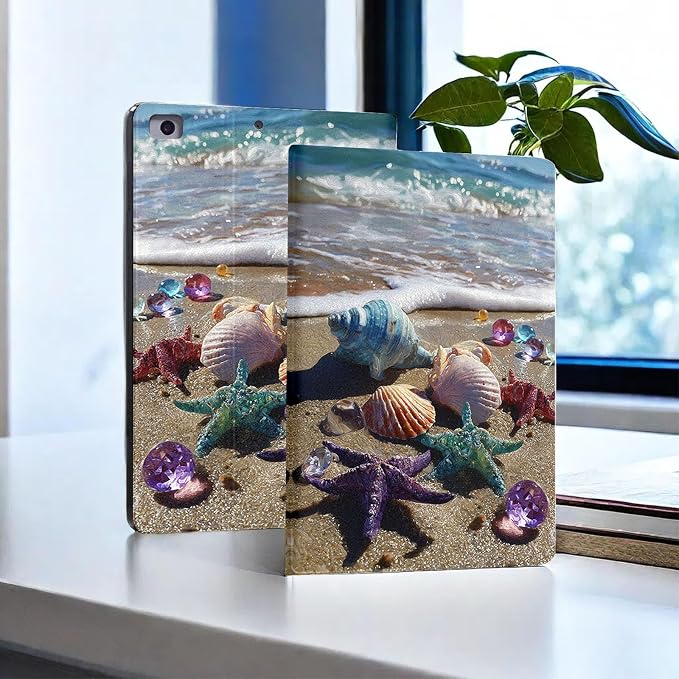for Microsoft Surface Pro 7 Plus,Surface Pro 7/6/5/4 12.3" Tablet Case,Auto Wake/Sleep,Adjustable Stand Protective Cover - Shell Conch Starfish Beach
