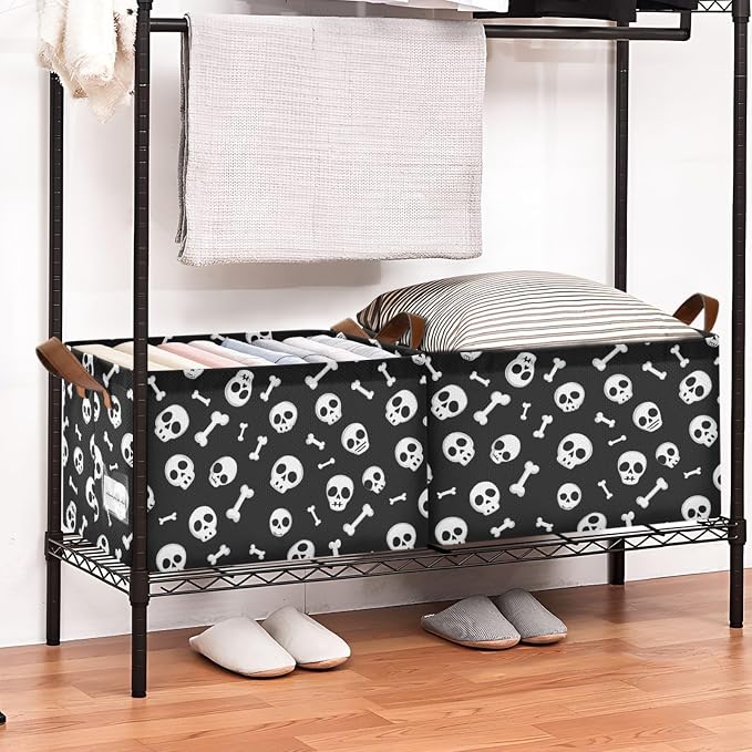 Black and White Skulls and Bones Storage Basket Foldable Cube Storage Bins with Handles&Label Waterproof Collapsible Organizer Box Bin Large Rectangle Decorative Baskets for Shelves Home Room Laundry