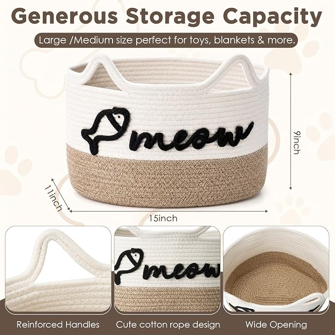 Cat Toy Basket with Cat Ear Handles, 15 x 11 x 9 in Woven Cats Toy Bin, Large Two-tone Cotton Rope Storage Box, Meow Words Organizer for Toys, Blankets, Home Decor (White, Linen)