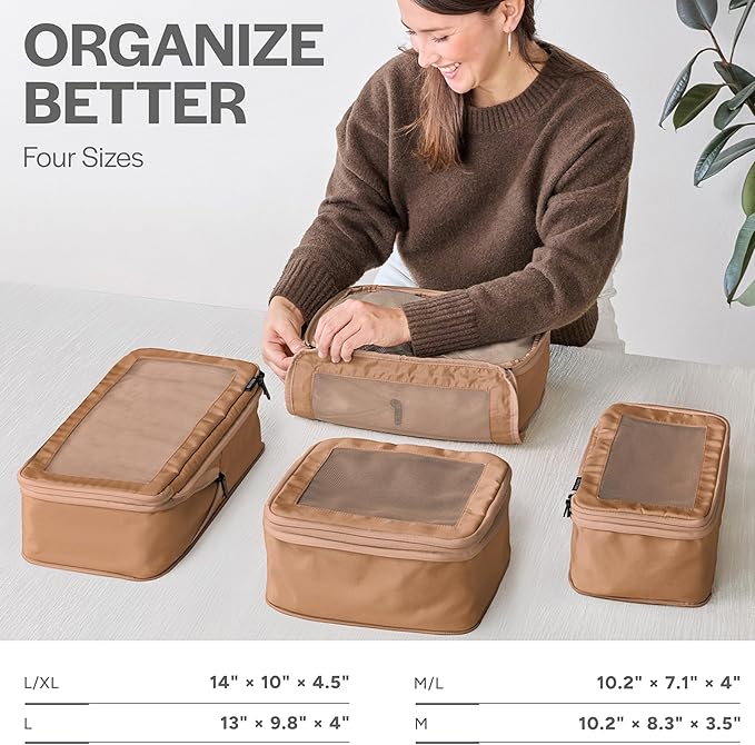 Compression Packing Cubes for Travel, 4-Pack, Mocha | Solves overpacking, 4-Piece set fits most carry-ons, 50% Space savings, Compression luggage organizer bags