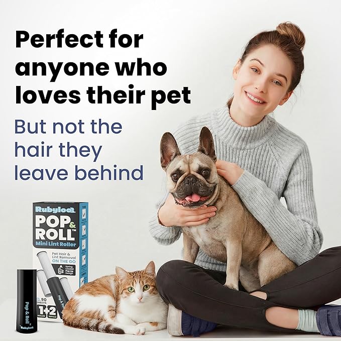 Rubyloo Mini Lint Roller Refills 4 Pack – Replacement Rolls Compatible with Pop & Roll Retractable Travel Lint Roller, Sticky Dog & Cat Hair Remover for Clothes, Travel Essentials for Pet Owners