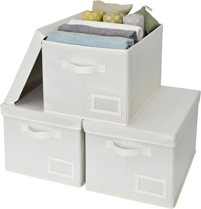 GRANNY SAYS Storage Bins with Lids, Decorative Storage Boxes with Lids | Storage Box with Dust Cover, Handles & Lable, Collapsible, Ideal for Closet Clothes Blanket Toys, Medium, Ivory, 3-Pack
