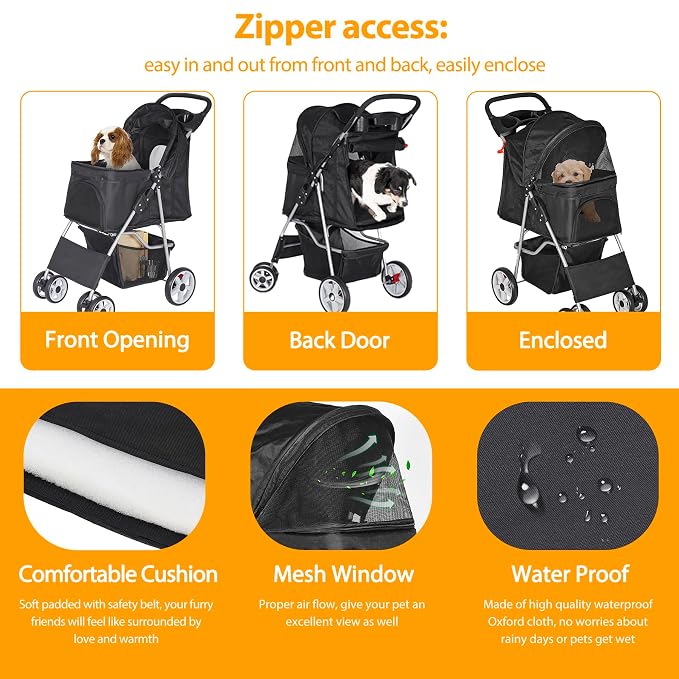 4 Wheels Dog Stroller Folding Pet Strolling Cart for Small Medium Cats Puppies Portable Jogger Travel Camping Puppy Carrier with Storage Basket Cup Holder, Black