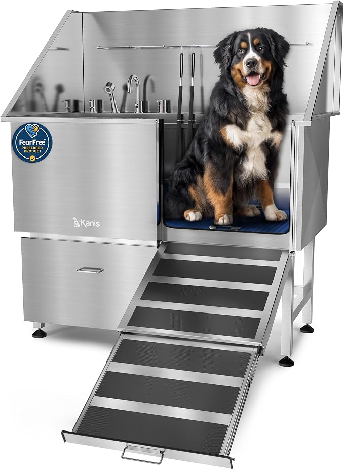 Professional Dog Washing Station 304 Stainless Steel Pet Wash Sink | Grooming Bathtub w/Shower, Floor Grates and Storage for Large, Medium & Small Pets