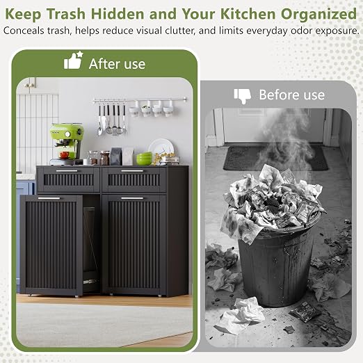 Double 13 Gallon Pull Out Trash Can Cabinet with Drawer, Garbage Cabinet | Pet Proof Hidden Trash Storage, Fluted Farmhouse Design, Space-Saving Kitchen Organizer, Dining Room Storage,Black