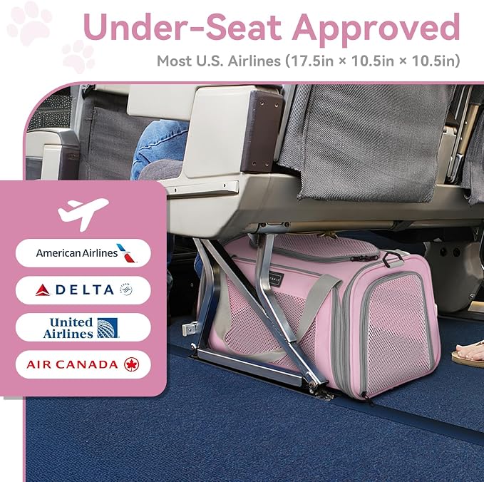 Petsfit Cat Carrier Airline Approved, 17.5×10.5×10.5 in, Pink | Escape-Proof Design with Locking Zippers & Safety Leash, Easy-Access 3-Way Entry, Washable Mat up to 12 lb