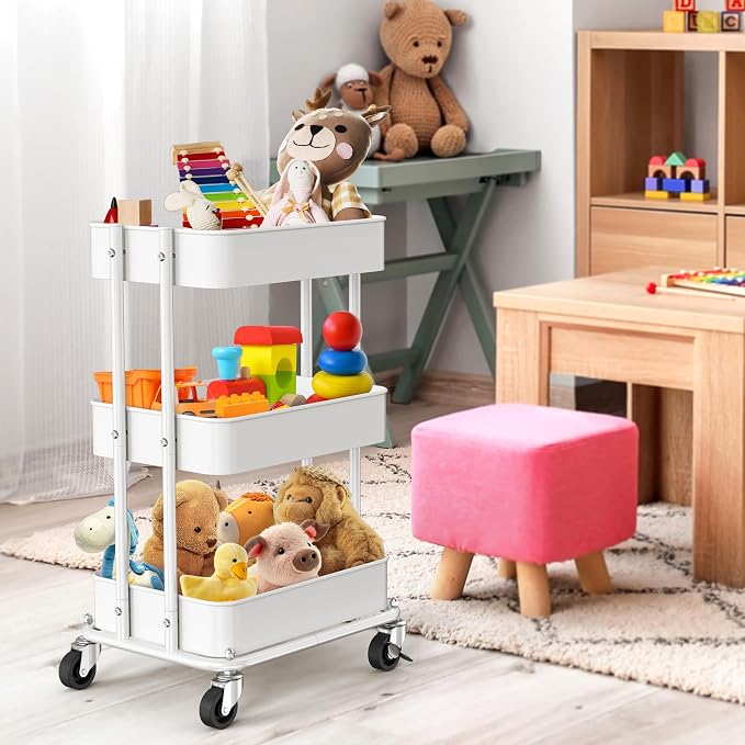 Simple Houseware 3-Tier Utility Cart, Low 24" Height Fits Under Desk, White | Compact & Lower Height Great for Under-Desk Space-Saving Storage for Home Office, Dining Room, or Kitchen