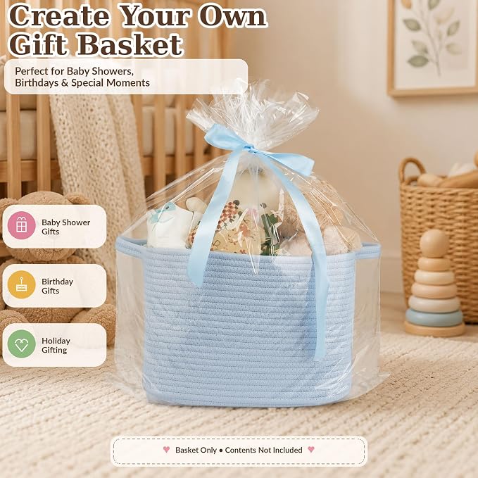 XUANGUO Woven Cotton Rope Storage Basket with Handles 13x10x9 inch Blue | Woven cotton rope basket for shelves and closets. Perfect for toys, books, clothes, nursery storage and gift baskets.