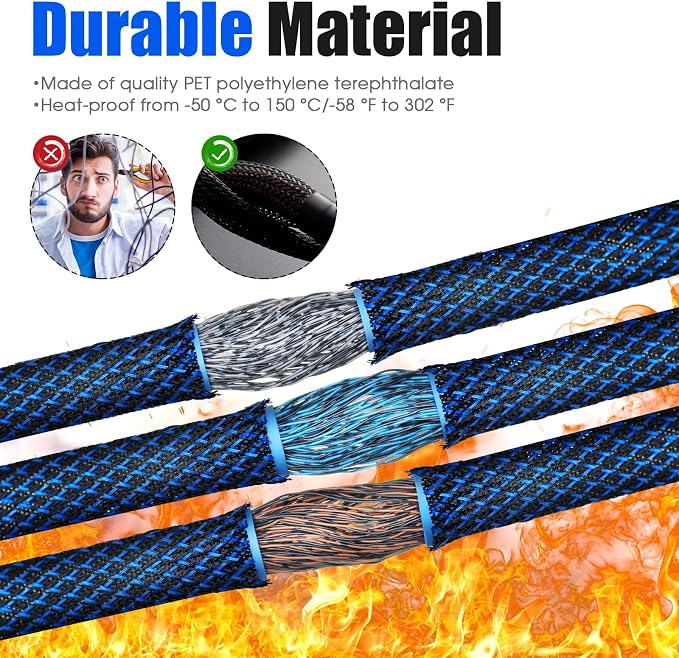 Tatuo 151 ft Braided Cable Sleeve Expandable Wire Sheathing(Blue, Black) | with 120 Heat Shrink Tubing 1/4 in 2/5 in 1/2 in 3/4 in Wire Sleeve Cord Management for Television Audio Computer Video Pets