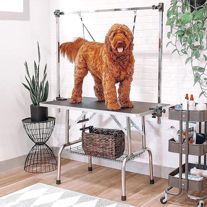 36" Pet Dog Grooming Table, Foldable Stainless Steel Frame Pet Drying Grooming Table Up to 330lbs, Professional Bathing Desk for Dogs at Home with Adjustable Overhead Arms, Noose, Mesh Tray