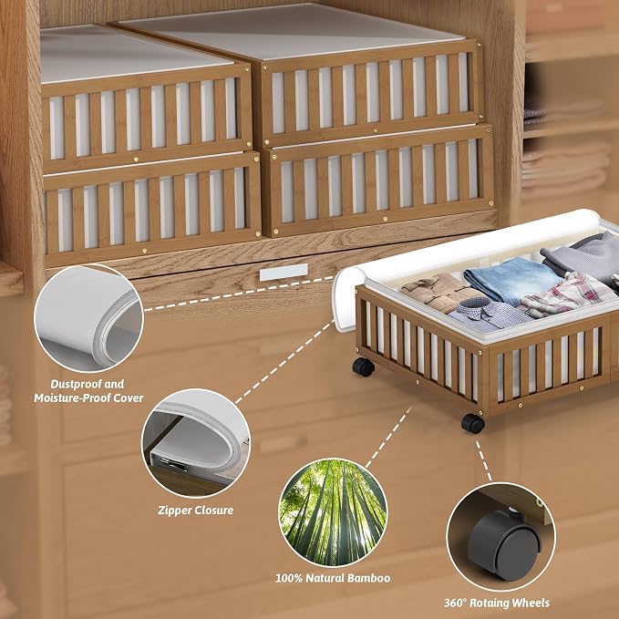 MHXW SXPN 2 Pack Bamboo Under Bed Storage Containers with Wheels, Brown | Underbed Drawer Storage with Bag, Wood Rolling Underbed Organizer for Shoes, Sheets Clothes Blanket Comforter, Under Crib Toy