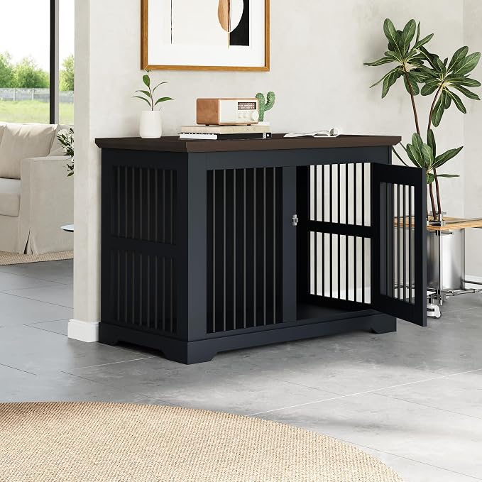 44" Wooden Dog Crate Furniture,Large Kennel Pet Cage End Table for Indoor | for XXL XL Medium Dogs, Grey and Wood, Fits Living Room Bedroom, Heavy Duty Steel Frame with Lock 100 lbs Cap, 100 lbs Top.