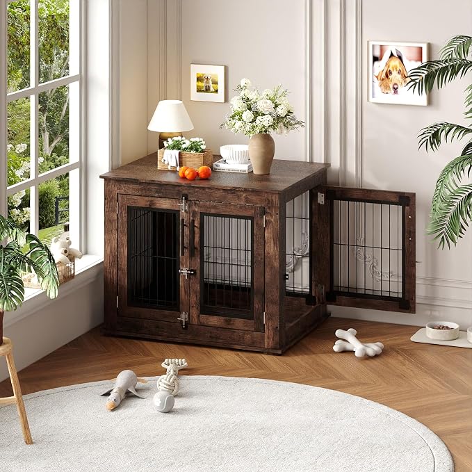 Farmhouse Dog Crate Furniture End Table - Heavy Duty Wooden Kennel Cabinet with Double Doors for Small/Medium Dogs, Rustic Brown Indoor Dog House Furniture Console for Living Room
