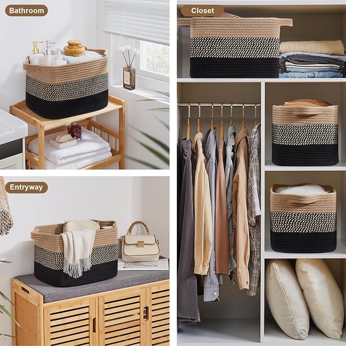 OIASKET Storage Basket for Organizing, Woven Baskets for Storage, Rectangle Decorative Baskets for Shleves, Closet, Toys, Books, Nursery Organizer Bins - Pack of 3 (Black & Brown, 15.75"x11.8"x9.85")
