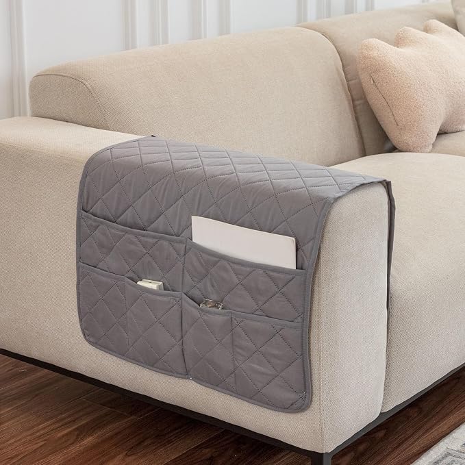 Arm Rest Covers for Sofa with 6 Pockets for Magazine Remote Control Couch Arm Covers Decorate Furniture Ant-Slip Armrest Organizer(Grey)