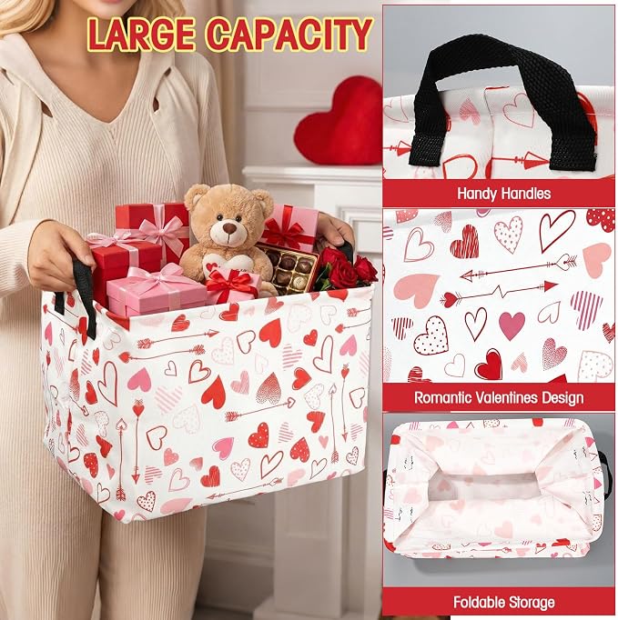 FoldTier 4 Pcs Valentine's Day Storage Baskets Empty Collapsible Valentines Basket with Handles Red Pink Black Heart Storage Boxes for Gifts Home Room Nursery Books Cloth Holiday Containers (Heart)