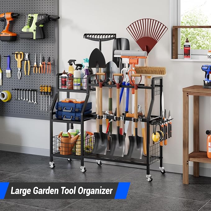 keomaisyto Heavy-Duty Garden Tool Organizer with 6 Wheels and 2 Baskets | 3 Lockable Casters, Large Metal Yard Tool organizer, Garage Tool Organization and Storage for Shed/Yard/Broom Closet/Lawn