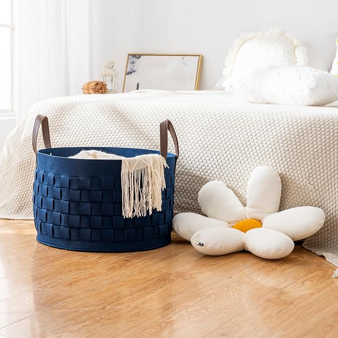 BOLDMONKEY Laundry Basket 20" x20 " x11.8 ",Extra Large Round Blanket Basket with Leather Handle, Felt Storage Basket for Living Room, Nursery, Dog Toys-Navy Blue