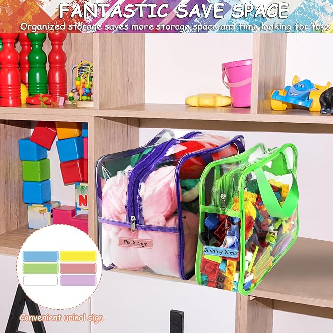 6 Colors L & XL Toy Storage Bags Reusable Clear Toy Organizer with Labels | PVC Waterproof Transparent Organizer Bags with Zipper for Building Blocks, Puzzle, Board Games Travel Storage, Save space