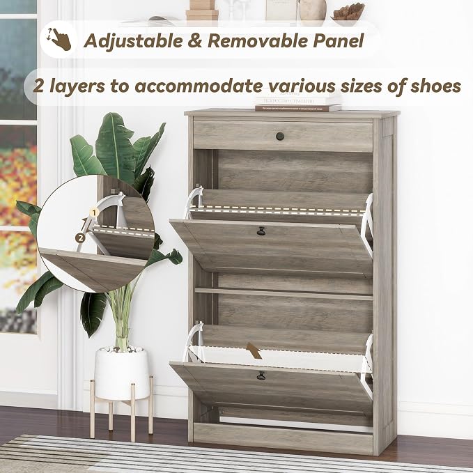 Shoe Cabinet with 2 Flip Drawers, Freestanding Shoe Storage Organizer | Narrow Shoe Rack with Drawers, Slim Shoe Cabinet for Entryway, Closet, Hallway, Living Room, Rustic Gray