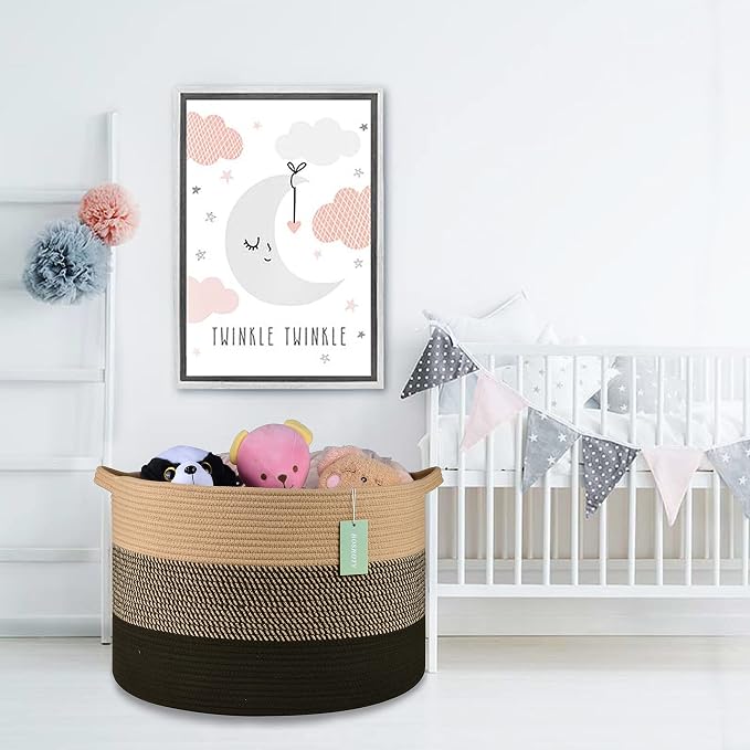 Large Cotton Rope Blanket Basket, 87L Laundry Hamper, Brown & Black