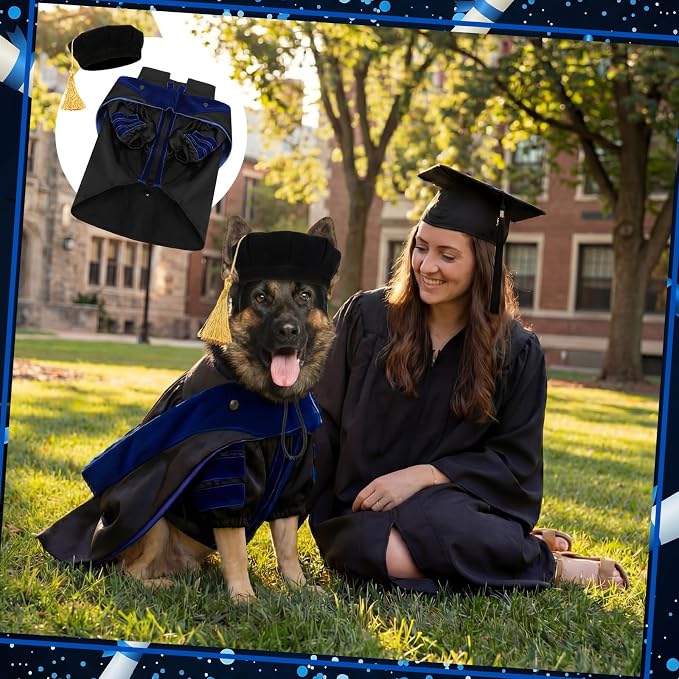 Huhumy 3 Pcs Dog Cat Graduation Doctoral Costume Set, 2026 Pet Phd Graduation Cap and Deluxe Doctoral Gown with Hood Side Tam Puppy Kitty Dogs Grad Holiday Party Costume Accessory(Royal Blue,XL)