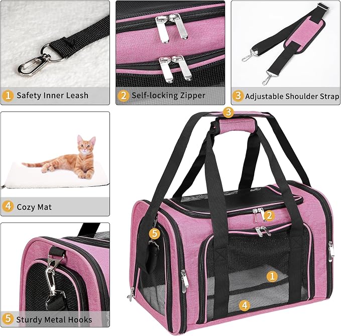 Soft-Sided Cat/Dog/Pet Carrier, Collapsible Pets Travel Carriers | For Big Cats/Small Dogs with Shoulder Strap & Removable Mat, Mesh Puppy Carry Bag, Up to 25 Lbs, TSA Airline Approved (Pink)