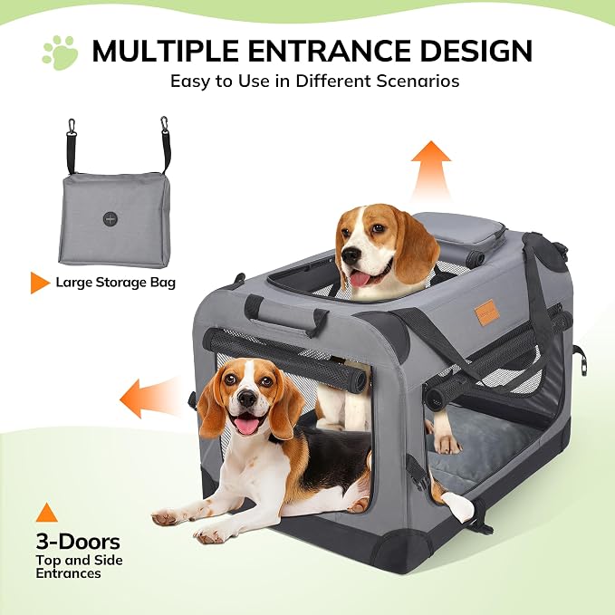 Morpilot 28-inch Portable Collapsible Dog Crate for Dogs up to 40lbs | Travel Dog Crate Soft-Sided for Small Medium Dogs, with Foldable Bowl, Shoulder Strap & Storage Pockets, Grey
