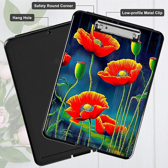 Artistic Red Flower A4 Clipboard with Storage Pen Holder, Clipboards Organizer Nursing Clipboard Foldable File Folder Plastic Clipboard Folio Clip Board for Office Students Classroom Doctor