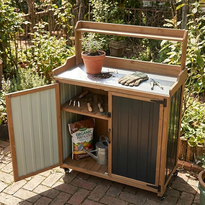 Ketive Rolling Potting Bench with Storage and Galvanized Metal Top | Fir wood components, enclosed cabinet, 2-position shelf, and 4 swivel casters for patio and backyard gardening