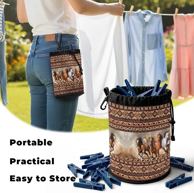 Clothespin Bag Organizer, Boho Pattern Horses Drawstring Laundry Peg Storage Pouch with Hanging Loop, Portable Multifunctional Clips Holder for Drying Rack, Camping & Home