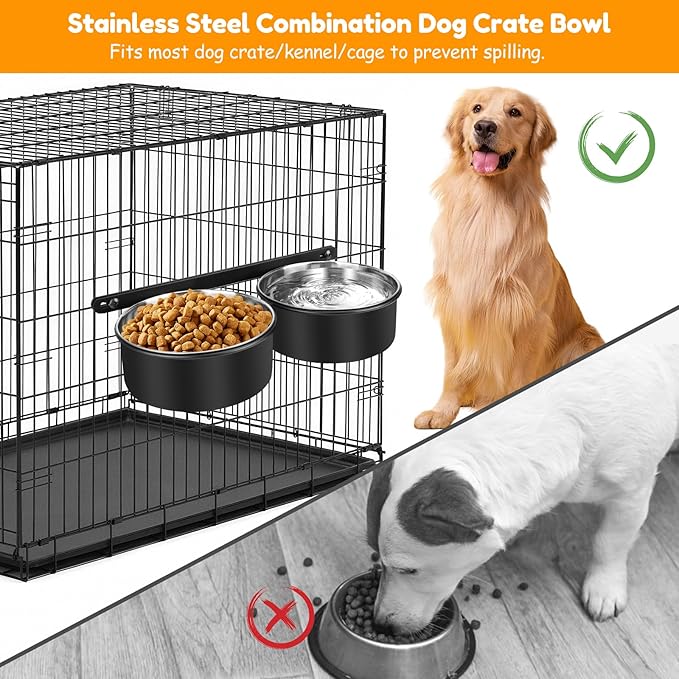 2 Packs Dog Crate Water Bowl No Spill,Dog Crate Bowls Hanging,Kennel Mountable Food Water Bowls for Crate Cage,Stainless Steel Feeder Coop Cup for Dogs Cats Pet Puppy Guinea Pigs Rabbits
